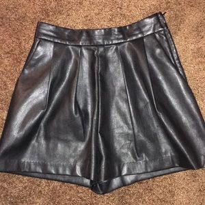 Faux leather pleated high waisted wide shorts